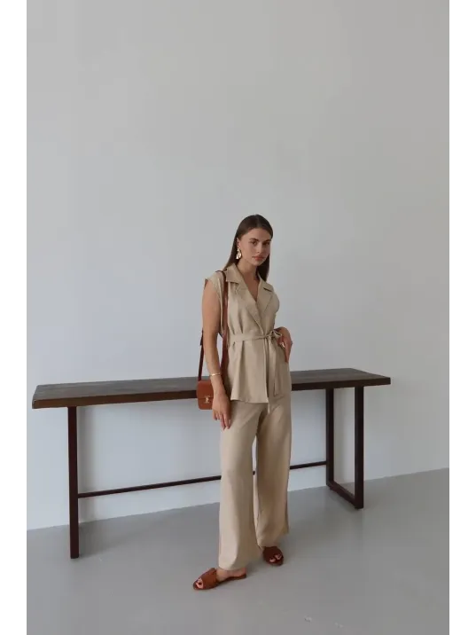 Keten Yelek Pantolon Takım Bej Pt