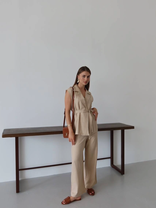 Keten Yelek Pantolon Takım Bej Pt Keten Yelek Pantolon Takım Bej Pt