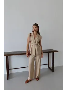Keten Yelek Pantolon Takım Bej Pt