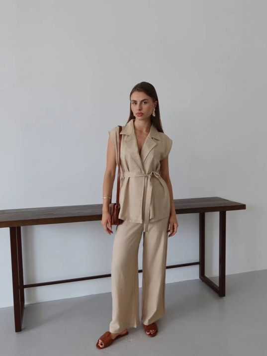 Keten Yelek Pantolon Takım Bej Pt Keten Yelek Pantolon Takım Bej Pt