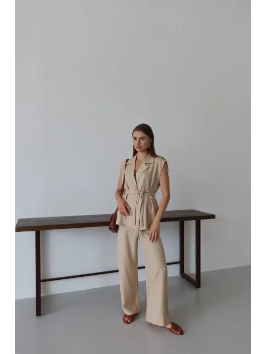 Keten Yelek Pantolon Takım Bej Pt