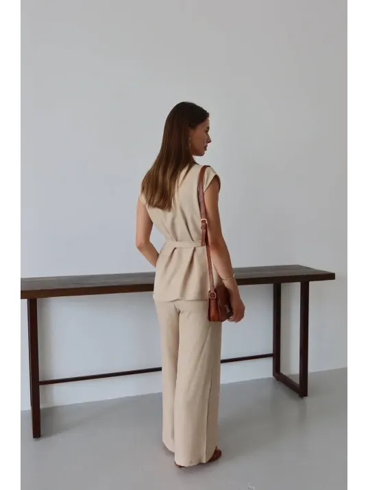 Keten Yelek Pantolon Takım Bej Pt