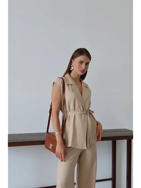 Keten Yelek Pantolon Takım Bej Pt