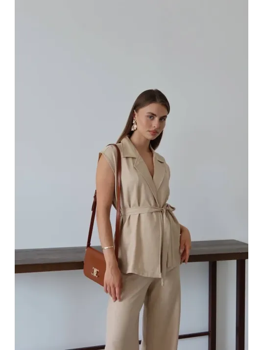 Keten Yelek Pantolon Takım Bej Pt