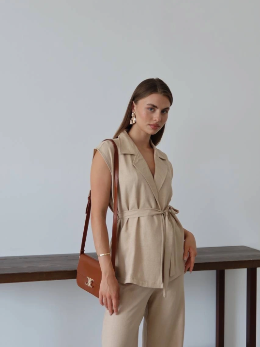 Keten Yelek Pantolon Takım Bej Pt Keten Yelek Pantolon Takım Bej Pt