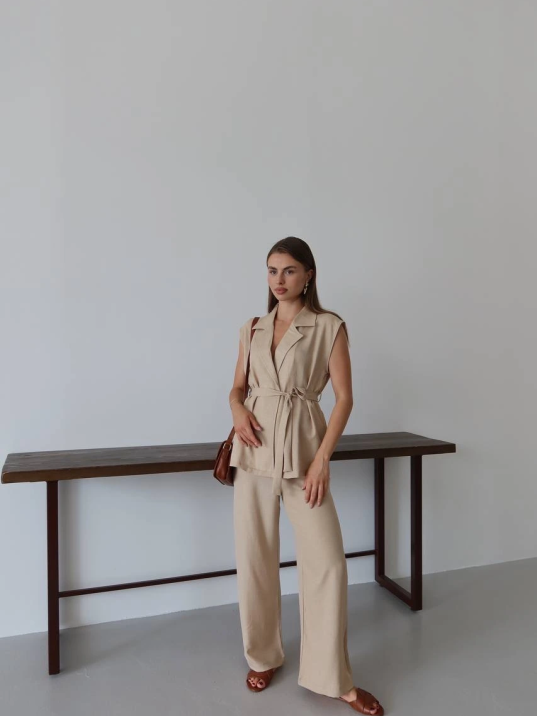 Keten Yelek Pantolon Takım Bej Pt Keten Yelek Pantolon Takım Bej Pt