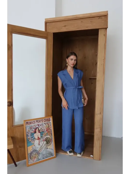 Keten Yelek Pantolon Takım İndigo Pt