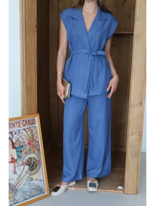 Keten Yelek Pantolon Takım İndigo Pt