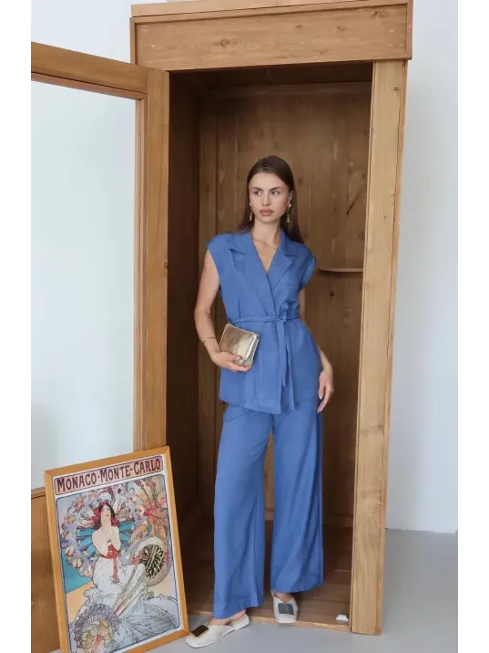 Keten Yelek Pantolon Takım İndigo Pt