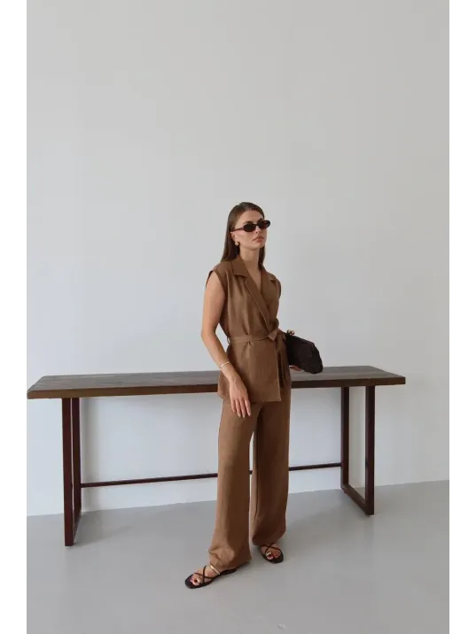 Keten Yelek Pantolon Takım Kahve Pt