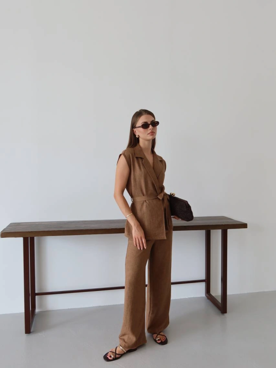 Keten Yelek Pantolon Takım Kahve Pt Keten Yelek Pantolon Takım Kahve Pt