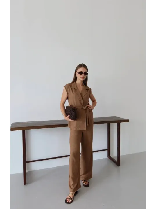 Keten Yelek Pantolon Takım Kahve Pt