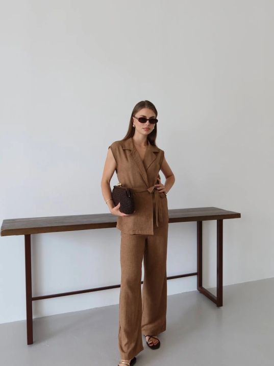 Keten Yelek Pantolon Takım Kahve Pt Keten Yelek Pantolon Takım Kahve Pt