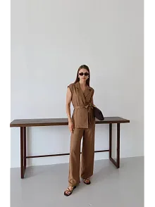 Keten Yelek Pantolon Takım Kahve Pt
