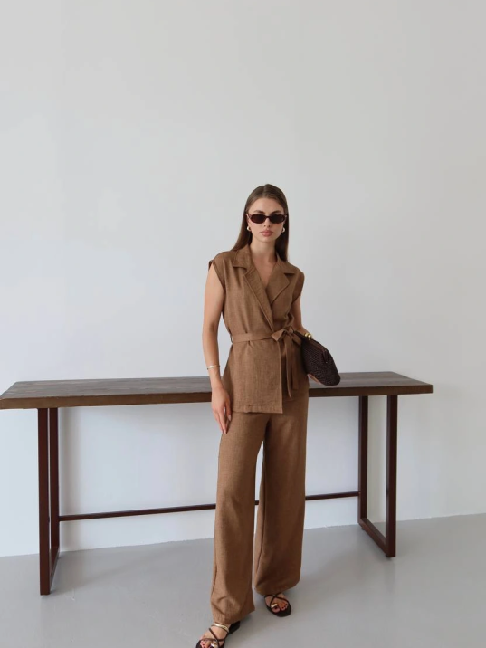 Keten Yelek Pantolon Takım Kahve Pt Keten Yelek Pantolon Takım Kahve Pt