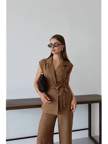 Keten Yelek Pantolon Takım Kahve Pt