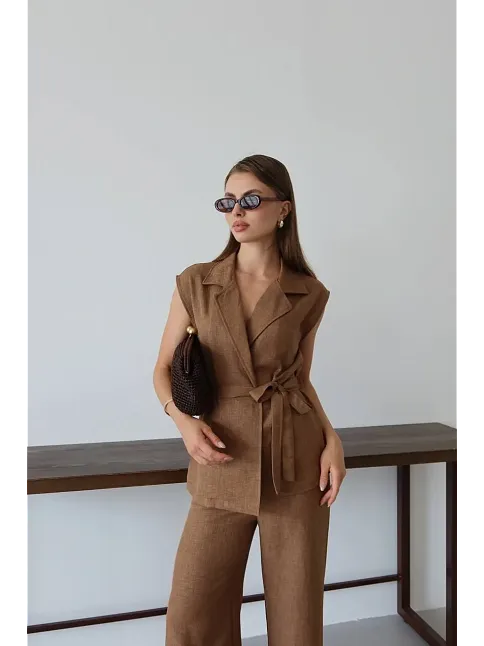 Keten Yelek Pantolon Takım Kahve Pt