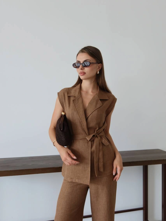 Keten Yelek Pantolon Takım Kahve Pt Keten Yelek Pantolon Takım Kahve Pt