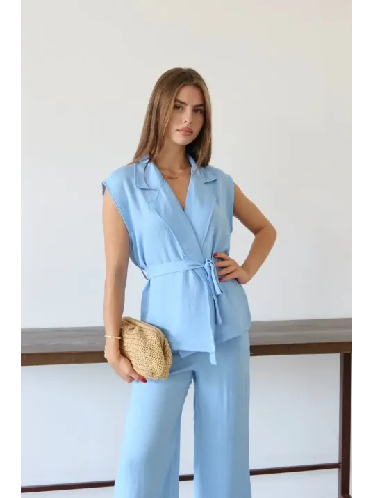 Keten Yelek Pantolon Takım Mavi Pt Keten Yelek Pantolon Takım Mavi Pt
