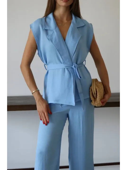 Keten Yelek Pantolon Takım Mavi Pt Keten Yelek Pantolon Takım Mavi Pt