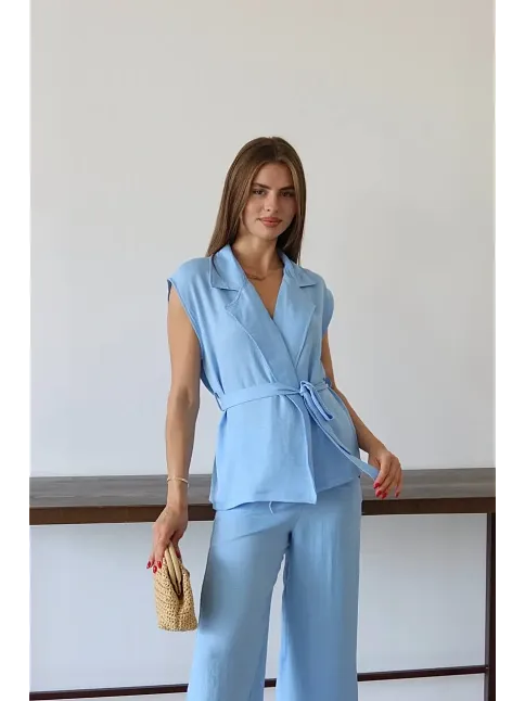 Keten Yelek Pantolon Takım Mavi Pt