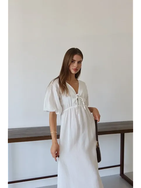 Kısa Kollu Müslin Elbise Beyaz Pt