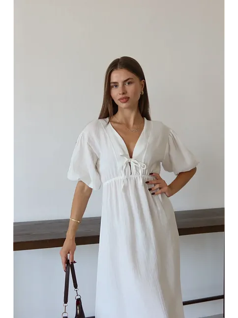 Kısa Kollu Müslin Elbise Beyaz Pt