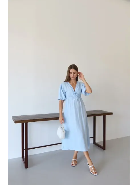 Kısa Kollu Müslin Elbise Mavi Pt