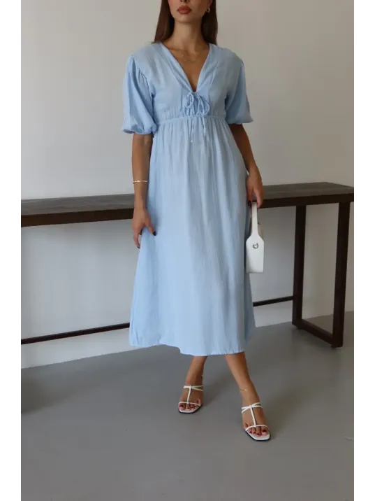Kısa Kollu Müslin Elbise Mavi Pt