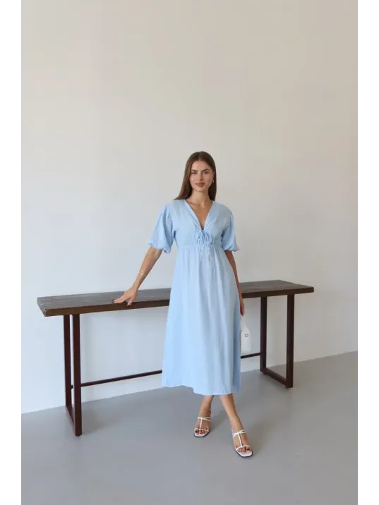 Kısa Kollu Müslin Elbise Mavi Pt