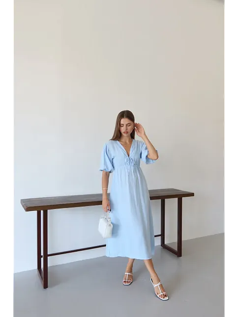 Kısa Kollu Müslin Elbise Mavi Pt