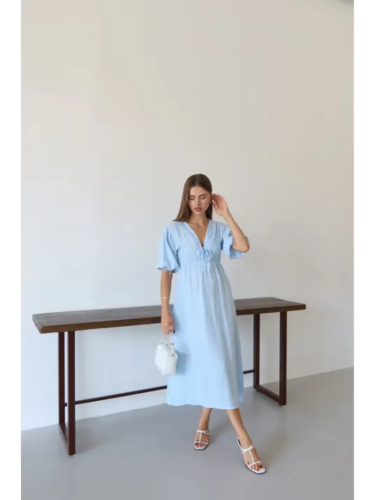 Kısa Kollu Müslin Elbise Mavi Pt