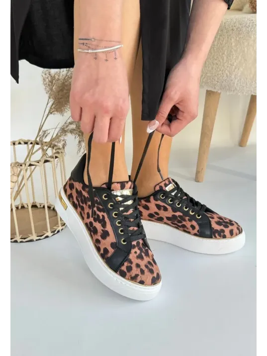 Kity Leopar Saten Bağcıklı Spor Ayakkabı