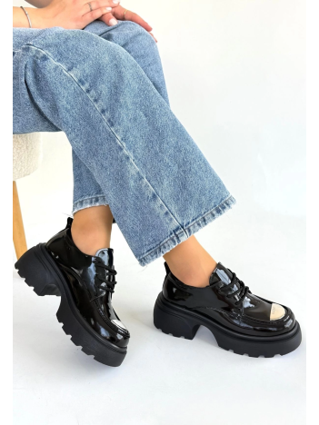 Kiya Siyah Rugan Dolgu Topuk Oxford Ayakkabı Kiya Siyah Rugan Dolgu Topuk Oxford Ayakkabı