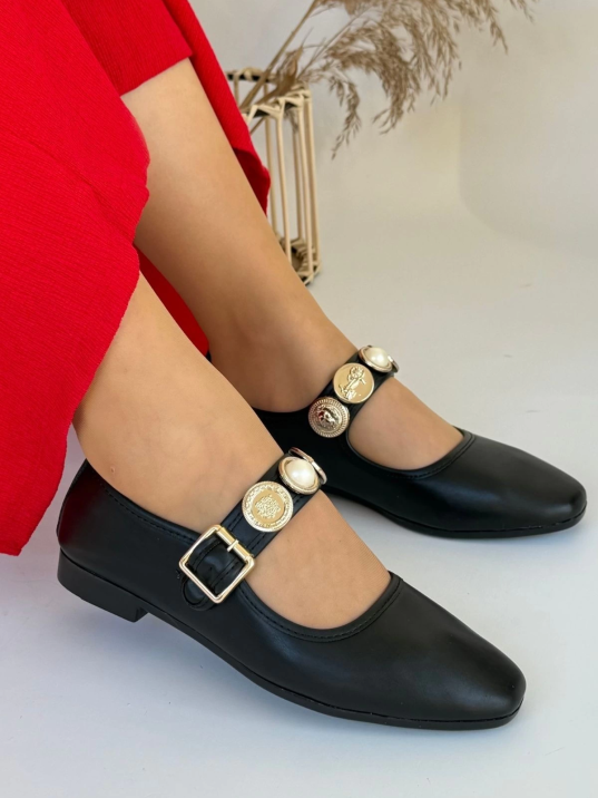 Koope Siyah Cilt Babet Ayakkabı Koope Siyah Cilt Babet Ayakkabı