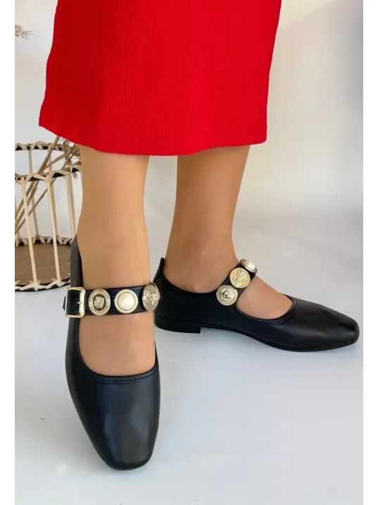 Koope Siyah Cilt Babet Ayakkabı Koope Siyah Cilt Babet Ayakkabı