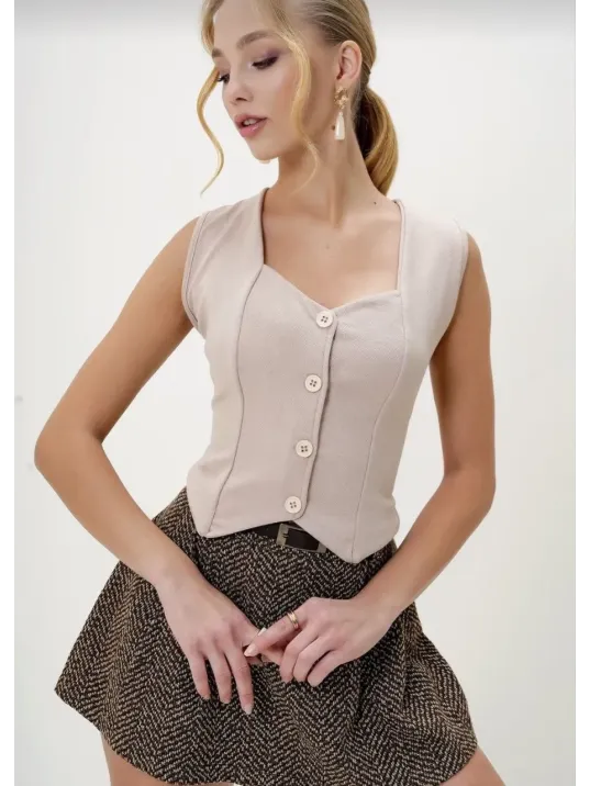 Krep Kumaş Düğmeli Yelek Bej S3395 Krep Kumaş Düğmeli Yelek Bej S3395