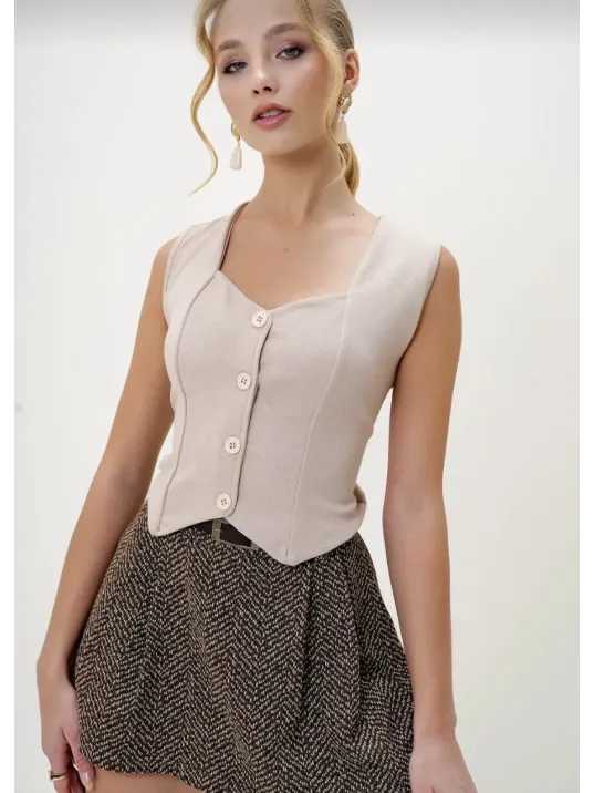 Krep Kumaş Düğmeli Yelek Bej S3395 Krep Kumaş Düğmeli Yelek Bej S3395