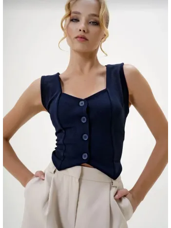 Krep Kumaş Düğmeli Yelek Lacivert S3395