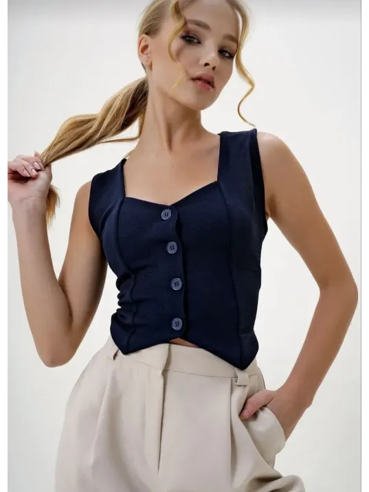 Krep Kumaş Düğmeli Yelek Lacivert S3395 Krep Kumaş Düğmeli Yelek Lacivert S3395