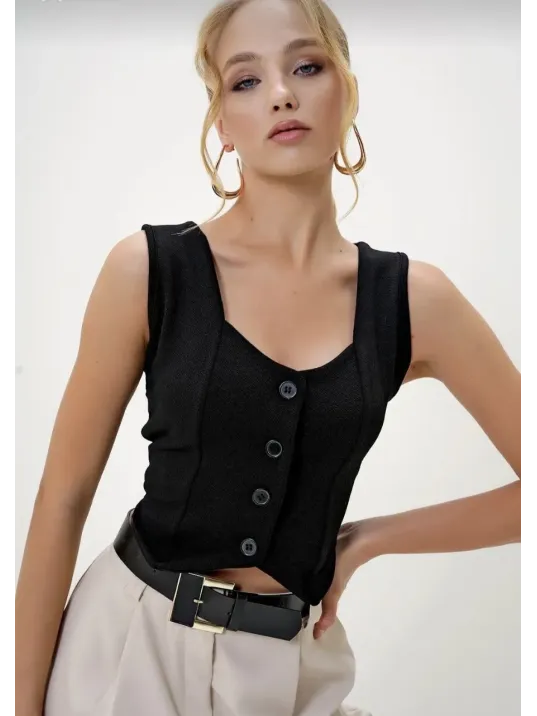 Krep Kumaş Düğmeli Yelek Siyah S3395 Krep Kumaş Düğmeli Yelek Siyah S3395