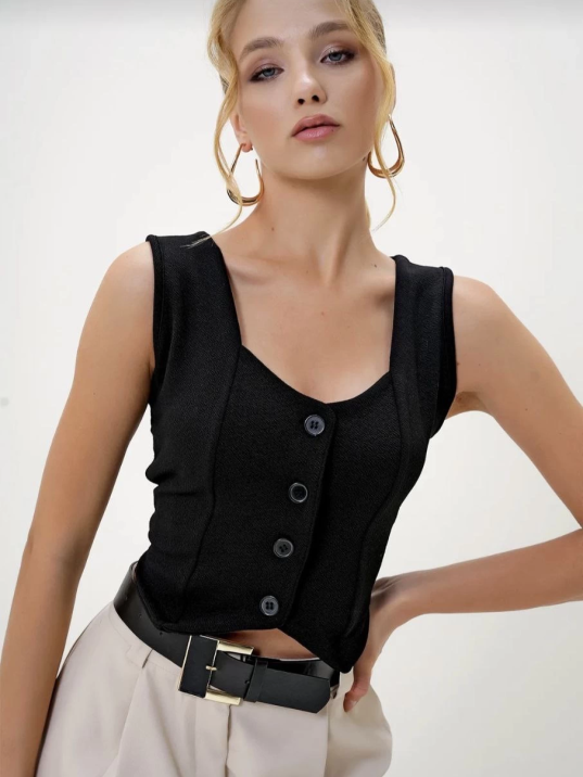 Krep kumaş düğmeli yelek siyah s3395 Krep kumaş düğmeli yelek siyah s3395