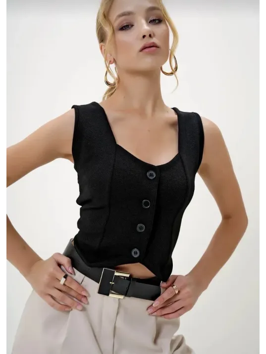 Krep Kumaş Düğmeli Yelek Siyah S3395 Krep Kumaş Düğmeli Yelek Siyah S3395