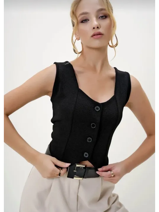 Krep Kumaş Düğmeli Yelek Siyah S3395 Krep Kumaş Düğmeli Yelek Siyah S3395