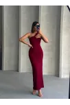 Krinkıl Tek Omuz Uzun Elbise Bordo S25455