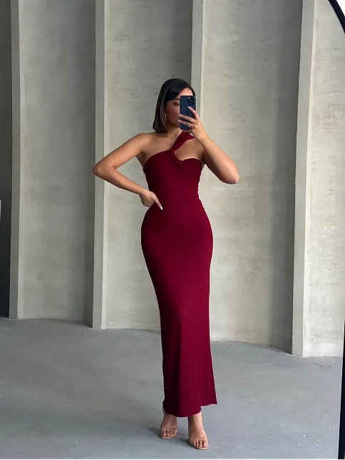 Krinkıl Tek Omuz Uzun Elbise Bordo S25455