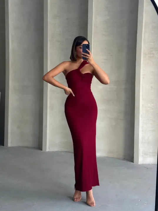 Krinkıl Tek Omuz Uzun Elbise Bordo S25455