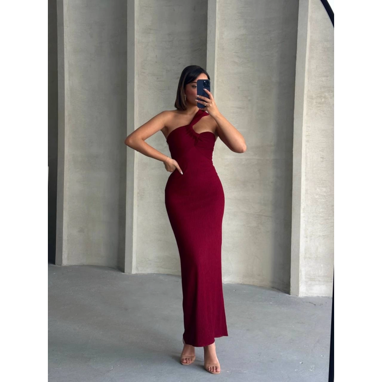 Krinkıl tek omuz uzun elbise bordo s25455 Krinkıl tek omuz uzun elbise bordo s25455
