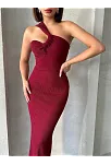 Krinkıl Tek Omuz Uzun Elbise Bordo S25455