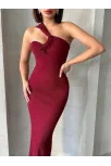 Krinkıl Tek Omuz Uzun Elbise Bordo S25455